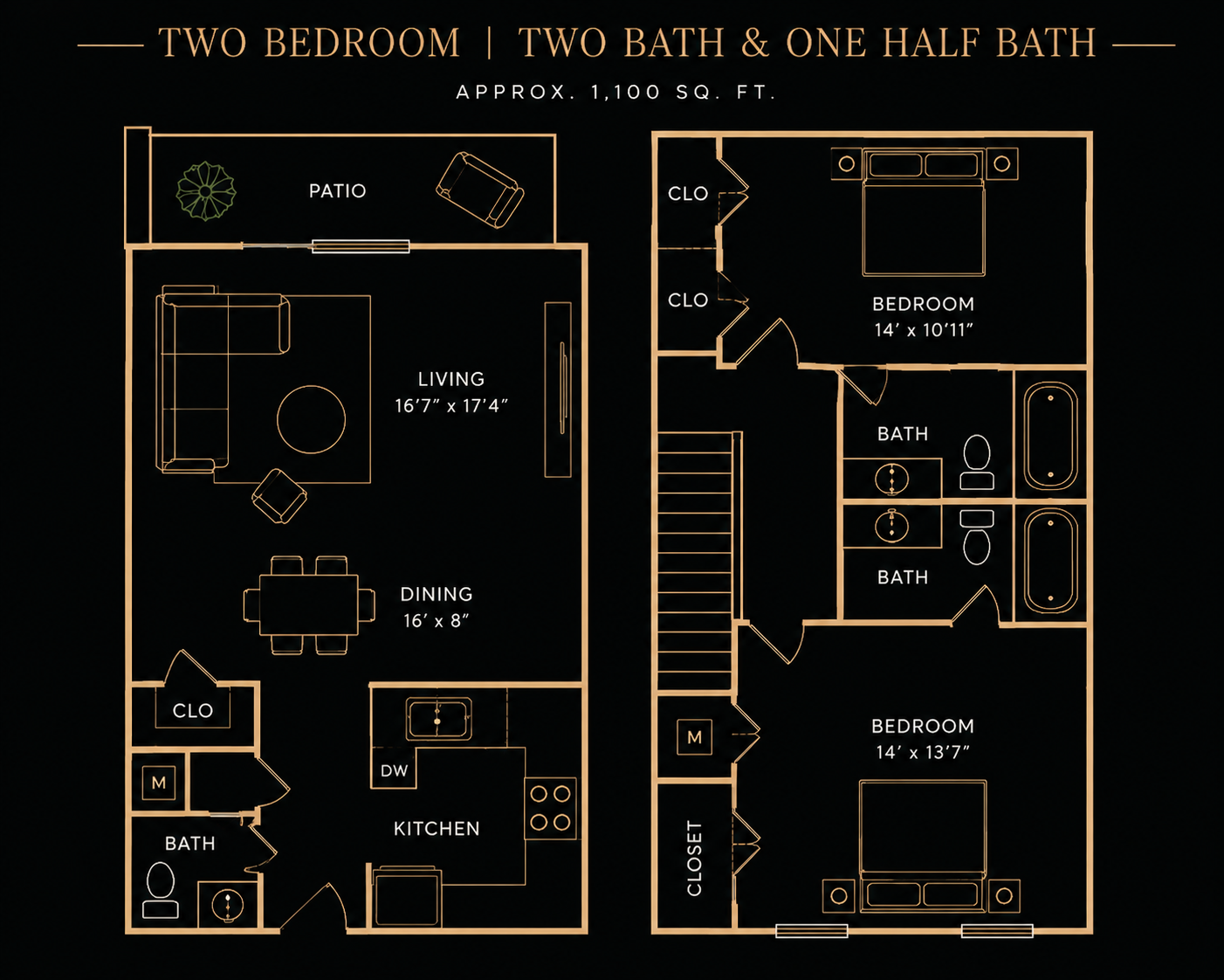 Two-bedroom, two-and-a-half-bath two-level floor plan, approximately 1,100 square feet
