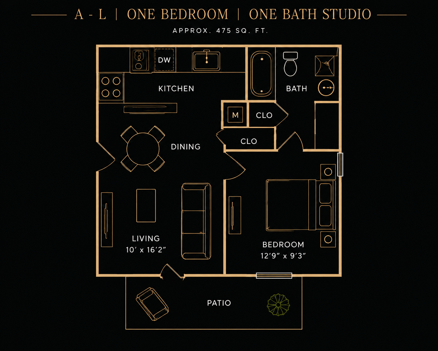 Studio with a separate enclosed bedroom and one bath, approximately 475 square feet