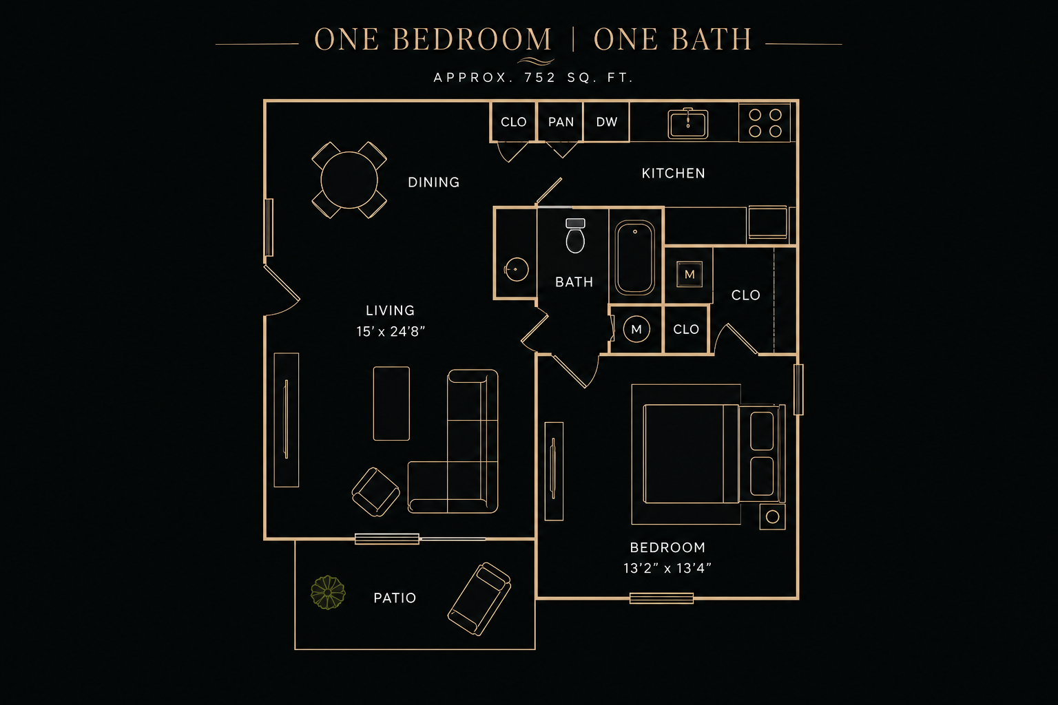 One-bedroom, one-bath floor plan, approximately 752 square feet