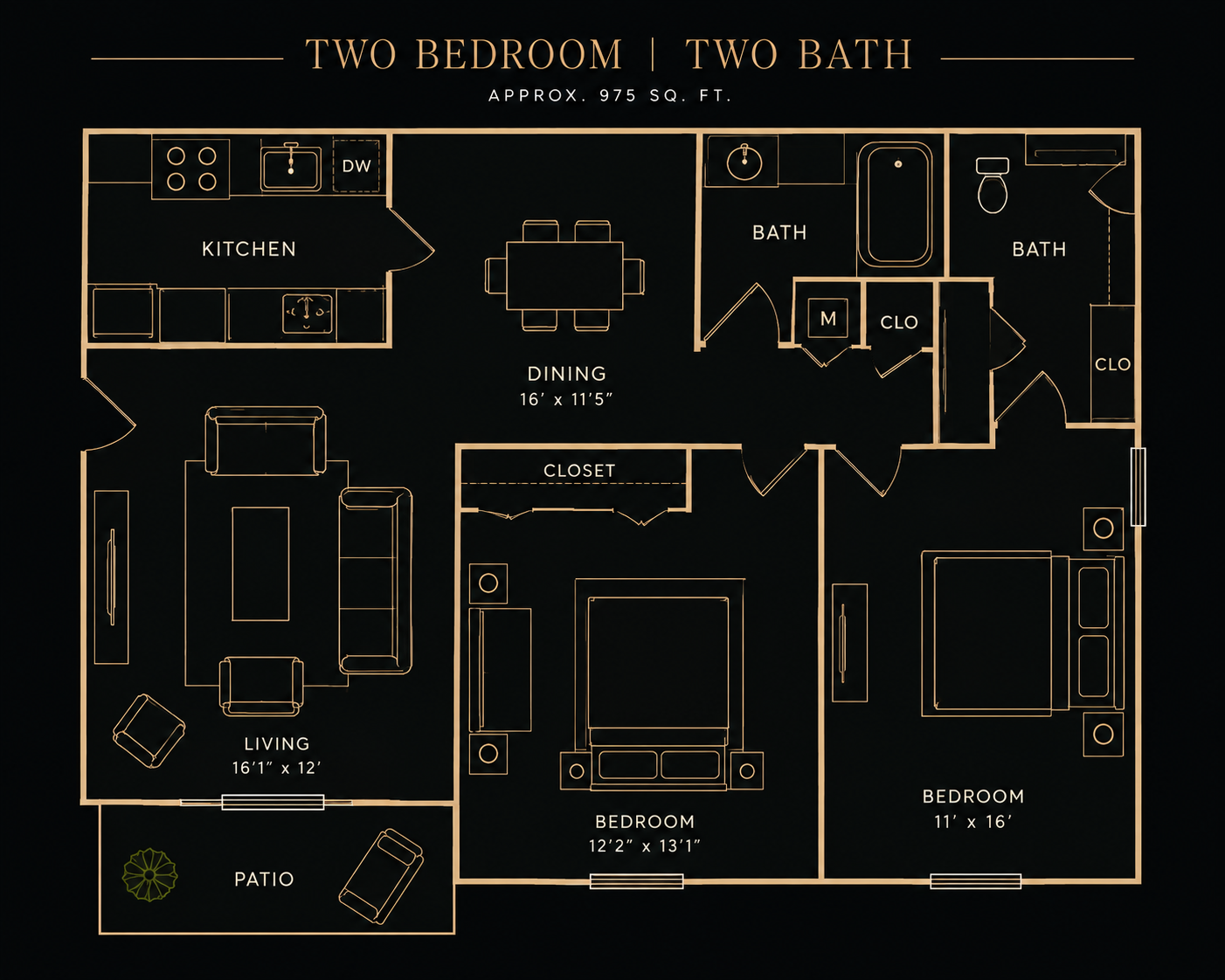 Two-bedroom, two-bath floor plan, approximately 975 square feet